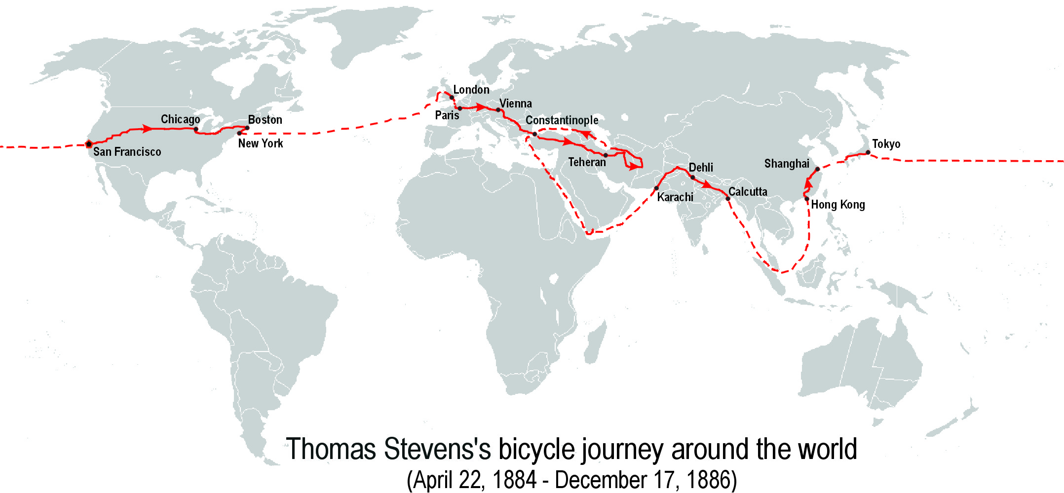 Томас Стивенс (Thomas Stevens) - маршрут первого кругосветного путешествия