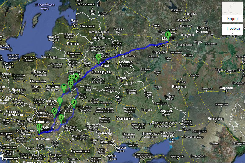 Путешествие на машине из Москвы в Будапешт - Маршрут путешествия по Восточной Европе